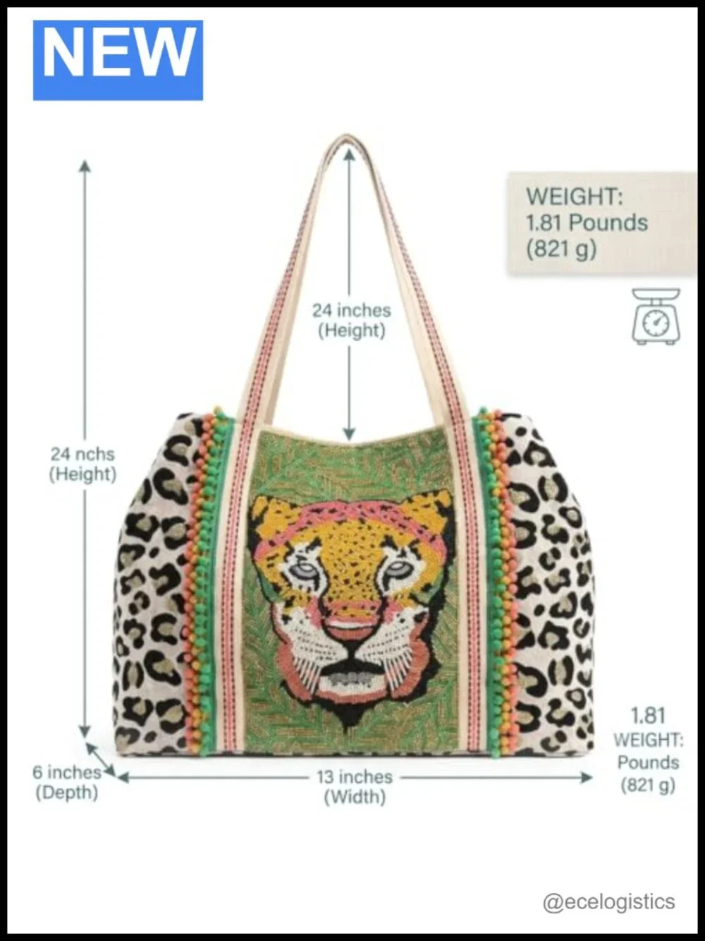 Hand-Beaded Leopard Tote Bag with Pompom Embellished Handle for Women